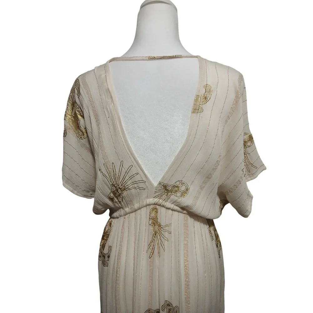 Club Moda Cream Gold Metallic Octopus Jellyfish Maxi Dress Boho Resort S/M